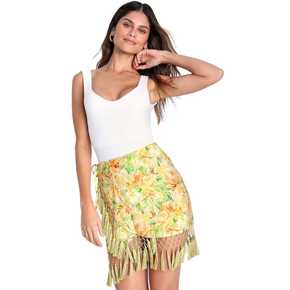 Lulus Wrap Mini Skirt Lime Green Floral Tassel Getaway Mode Boho‎ Summer Size M